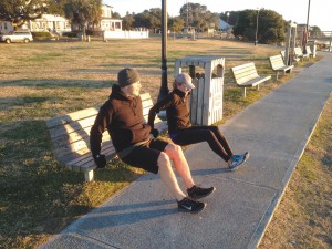 Workout partners for 18 years, Bill Lester and Leslie Reschly meet for early morning calisthenics at the Southport waterfront to help Leslie get back in her workout routine. Courtesy photos