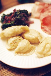 Writer Jenny Bowman took home some potato pierogi from the restaurant for her family. She served them with browned butter, baked ham with horseradish, and kale and red cabbage. Photo by Drew Pearson