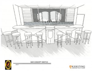 Kersting Architecture developed this sketch of the bar concept for Check Six Brewing Company.  A high-top communal table is also part of the conceptual floor plan. Image courtesy of Noah Goldman