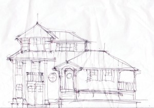 This sketch by Rich Bandera depicts the street side of the home as it uses the roof forms to scale down the structure. "It helps to integrate better into the landscaping of the site—sort of a Japanese garden structure attempt," Bandera says. "It's a complex design." Photo by Bethany Turner